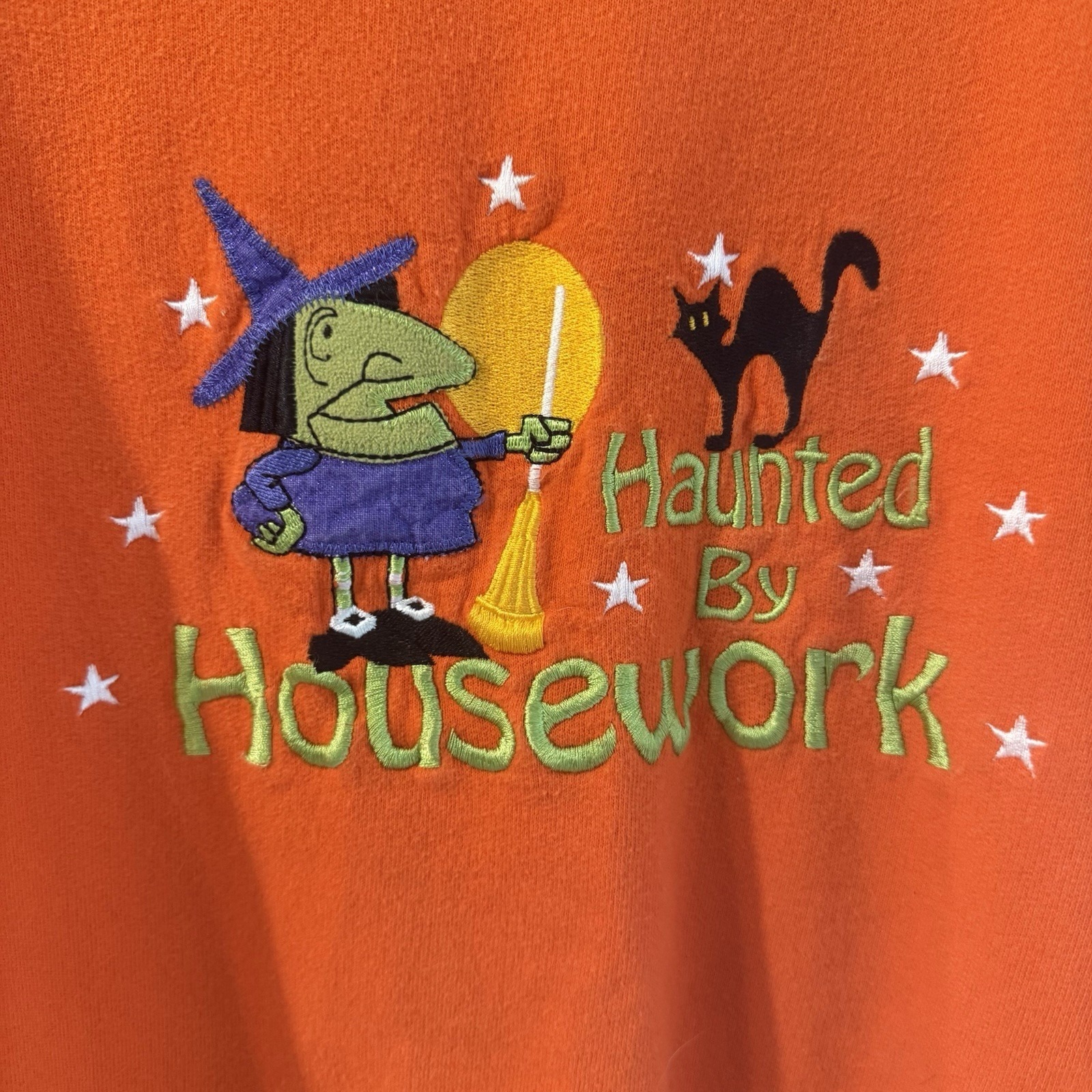 Vintage Halloween Sweatshirt Womens Orange 1 Xl Witch Black Cat Retro Stars Moon — image 2 of 7